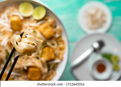 Vegan Pad Thai With Tofu On Pan