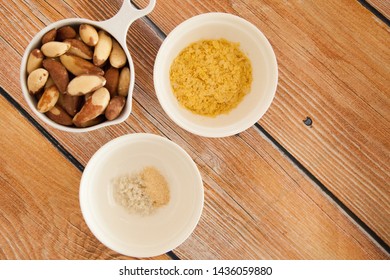 Vegan Parmesan ‘cheese Ingredients, Brazil Nuts, Nutritional Yeast, Salt, Garlic Powder