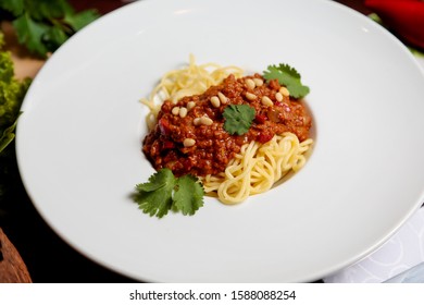 Vegan Pasta Bolognese With Mince Meat Close Up. Italian Veggie Pasta. Vegan Food Concept 