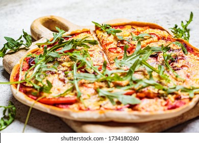 Vegan Pizza With Tomato Sauce, Pepper, Vegan Cheese And Arugula. Healthy Vegan Food Concept.