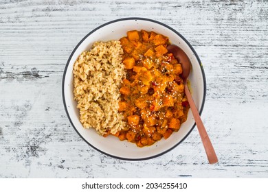 Vegan Pumpkin And Bel Pepper Curry With Brown Rice, Healthy Plant-based Food Recipes