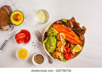 Vegan Rainbow Bowl: Meatballs Vegetable, Avocado, Sweet Potato And Salad, Copy Space. Plant Based Diet Concept.