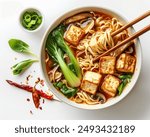 Vegan Ramen, A flavorful broth with noodles, tofu, mushrooms, and bok choy.