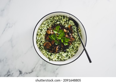 vegan risotto with fresh mushrroms and spinach, healthy plant-based food recipes