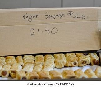 Vegan Sausage Rolls On Sale At A Market Stall.