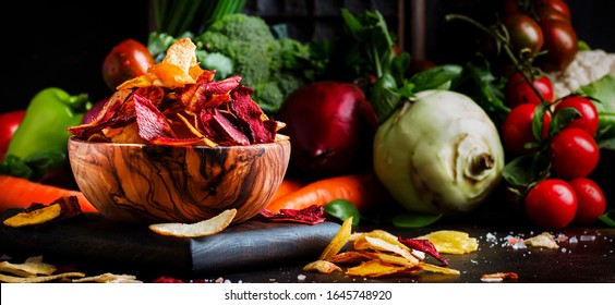 Vegan Snacks, Multicolored Vegetable Chips In Wooden Bowl, Set Of Fresh Farmer Vegetables, Still Life