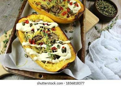 Vegan Spaghetti Squash With Mushrooms, Sundried Tomatoes & Cashew Sauce