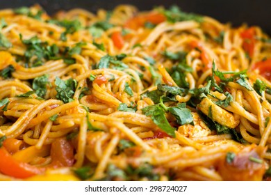 Vegan spaghetti with tofu and pepper delicious on pan - Shutterstock ID 298724027