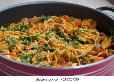 Vegan spaghetti with tofu and pepper delicious on pan hot - Shutterstock ID 298724030