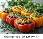 Vegan Stuffed Bell Peppers with Bell peppers stuffed with quinoa, black beans, and corn, topped with fresh cilantro.