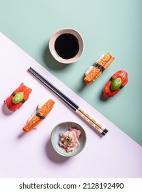 Vegan Sushi On Colourful Background Top View