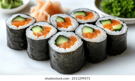 Vegan Sushi Rolls | Rolls filled with avocado, cucumber, carrots, and a side of soy sauce and wasabi. - Powered by Shutterstock