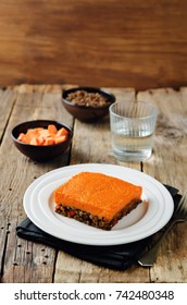 Vegan Sweet Potato Shepherd's Pie On A Wood Background. Toning. Selective Focus