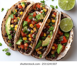 Vegan Tacos | Colorful tacos filled with black beans, avocado, tomatoes, and corn, garnished with cilantro and lime. - Powered by Shutterstock