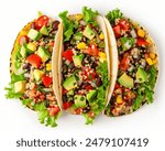 Vegan Tacos | Soft or hard taco shells filled with seasoned black beans, lettuce, diced tomatoes, avocado, salsa, and a sprinkle of nutritional yeast or vegan cheese