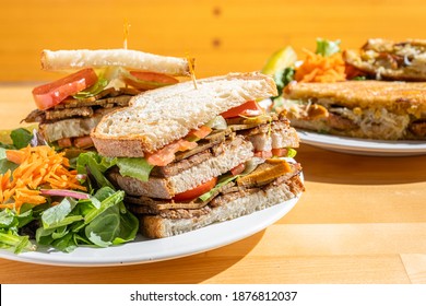 Vegan Tempeh Sandwich With Lettuce And Tomato. Vegan And Vegetarian Blt With A Side Salad. Healthy And Organic Lunch.