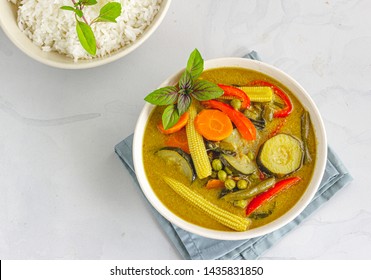 Vegan Thai Green Curry With Rice Directly Above Photo. Thai Food, Thai Cuisine Photography.