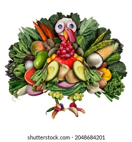 Vegan turkey and funny vegetarian thanksgiving harvest symbol as vegetables fruit nuts and berries shaped as a festive gobbler for a holiday celebration as a composite.