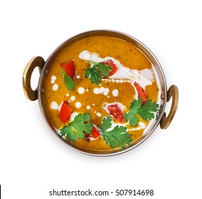 Vegan And Vegetarian Dish, Spicy Lentil Dahl Soup Bowl. Indian Cuisine, Masala Hot Dal Meal Isolated On White Background. Eastern Local Cuisine Restaurant Food Top View