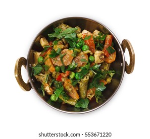 Vegan And Vegetarian Dish, Spicy Pea Salad In Copper Bowl. Indian Cuisine, Vegetable Mix With Herbs, Healthy Meal Isolated On White Background. Eastern Local Cuisine Restaurant Food Top View