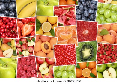 Vegan and vegetarian fruits background with apples, oranges, strawberries, banana, cherries