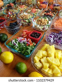 Vegan Vegetarian Meal Prep On Wooden Table With Colorful Fruits And Vegetables, Weekly Meal Prep Spread On Table, Healthy Food Prep For The Week