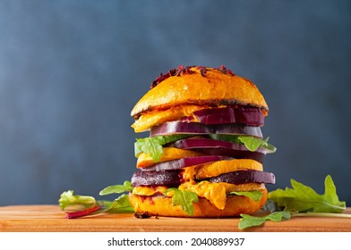 Vegan Veggie Burger On A Bun Made With Carrot; Copy Space