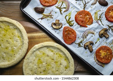 Vegan Whole Grain Pizza Crust And Toppings. Flat Lay.