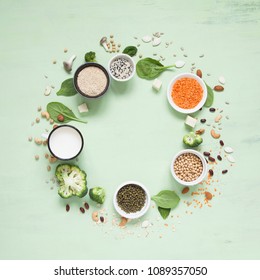 Vegetable Albumen Sources. Plant Protein (beans, Nuts, Vegetables, Mushrooms, Seeds) Forming A Circle. Vegan And Vegetarian Food Concept. Flat Lay.