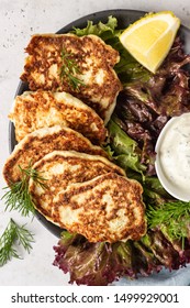 Vegetable (cauliflower) Pancakes (fritters) With Natural Yogurt Dressing And Dill.