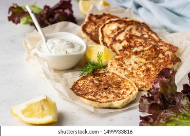 Vegetable (cauliflower) Pancakes (fritters) With Natural Yogurt Dressing And Dill.