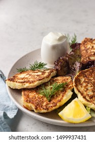 Vegetable (cauliflower) Pancakes (fritters) With Natural Yogurt Dressing And Dill.