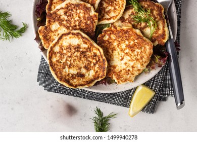 Vegetable (cauliflower) Pancakes (fritters) With Natural Yogurt Dressing And Dill.