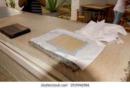 Vegetable Cellulose Sheet Placed On A White Cloth To Dry And Then Press.