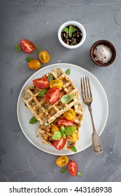 Vegetable and cheese savory waffles with tomatoes and herbs - Shutterstock ID 443168938
