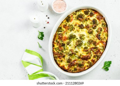 Vegetable Chicken Broccoli Casserole In Baking Dish. Top View.