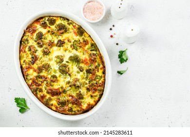 Vegetable Chicken Broccoli Casserole In Baking Dish. Top View.