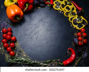 Vegetable Circle On Dark Background. Fresh Natural Organic Vegetarian Food. Meal Ingredients. Healthy And Proper Nutrition