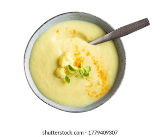 Vegetable Cream Soup In Gray Bowl Isolated On White.  Creamy Cauliflower Soup. Top View.