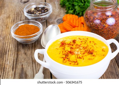 Vegetable Cream Soup With Saffron Diet Food. Studio Photo