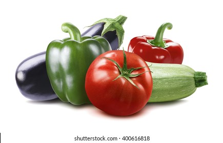 Vegetable Eggplant, Squash, Tomato, Zucchini Ratatouille Ingredients Isolated On White Background As Horizontal Long Package Design Element