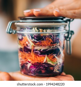 Vegetable Fermentation. Woman Holding Jar With Fermented Vegetables.