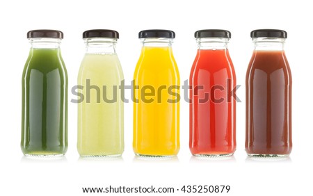 vegetable and fruit juice bottles isolated on white background