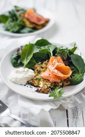 Vegetable Hash Browns With Smoked Salmon And Leaf Salad (low Carb)