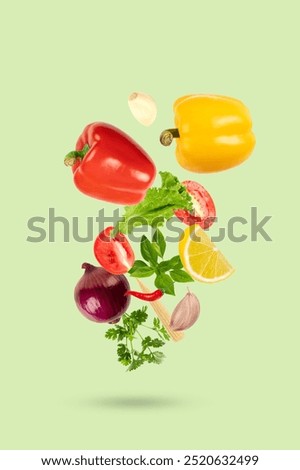 Vegetable with herb and spice falling on light green background.