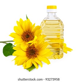 Vegetable Oil In A Bottle With Three Flowers Sunflower Isolated On A White Background