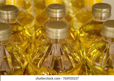 Vegetable Oil Bottles Pattern At Factory Warehouse Store.