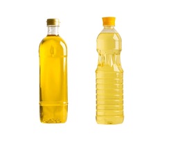 Vegetable Oil With Olive Oil In Different Bottle For Cooking Isolated On White Background With Clipping Path.