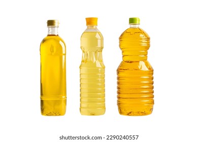 Vegetable oil with olive oil in different bottle for cooking isolated on white background with clipping path. - Shutterstock ID 2290240557