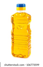 Vegetable oil in plastic bottle isolated on white background